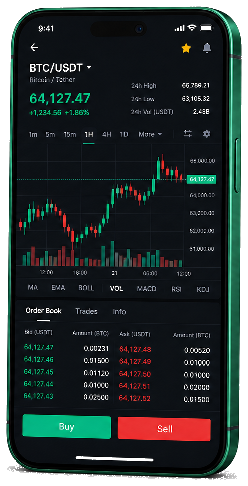 Praxivor mobilní obchodní platforma — živý graf BTC/USDT, kniha objednávek a rozhraní nákupu/prodeje
